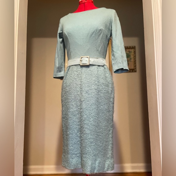 Vintage 1960s Baby Blue Glamorous Boucle Textured Skirt Belted Pencil Dress - Picture 5 of 15